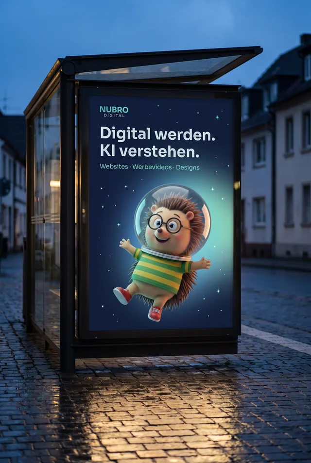 Werbeplakat in einem beleuchteten Schaukasten an einer Bushaltestelle: Nubro mit Raumhelm, dazu „Digital werden. KI verstehen.“ und Nubro Digital