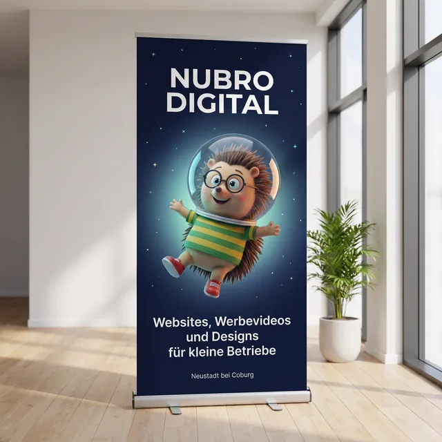 Roll-up-Aufsteller im Eingang eines hellen Ladens: Nubro Digital, Nubro mit Raumhelm, Websites, Werbevideos und Designs für kleine Betriebe