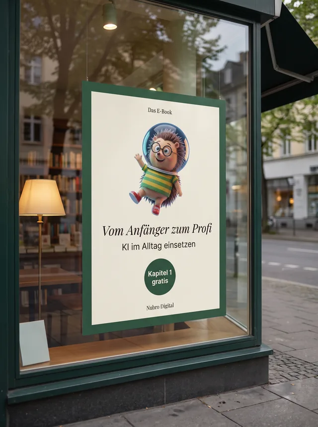 Plakat im Schaufenster eines Buchcafés: das E-Book Vom Anfänger zum Profi mit Nubro und dem Hinweis Kapitel 1 gratis