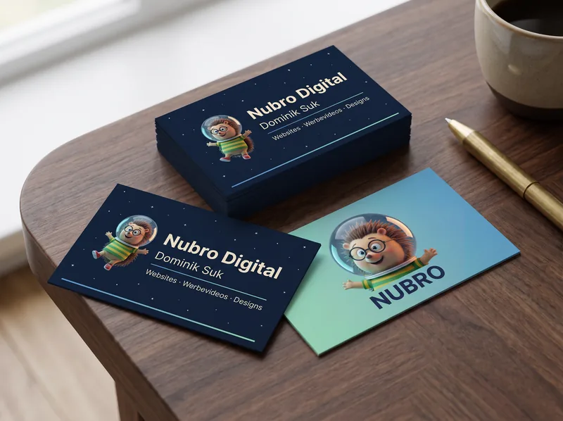 Visitenkarten von Nubro Digital auf einem Holztisch, vorn mit Nubro und dem Namen Dominik Suk, hinten Nubro groß mit dem Schriftzug NUBRO